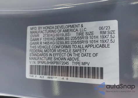 2023 Honda Odyssey Elite z USA, uszkodzony, nr VIN 5FNRL6H96PB072045